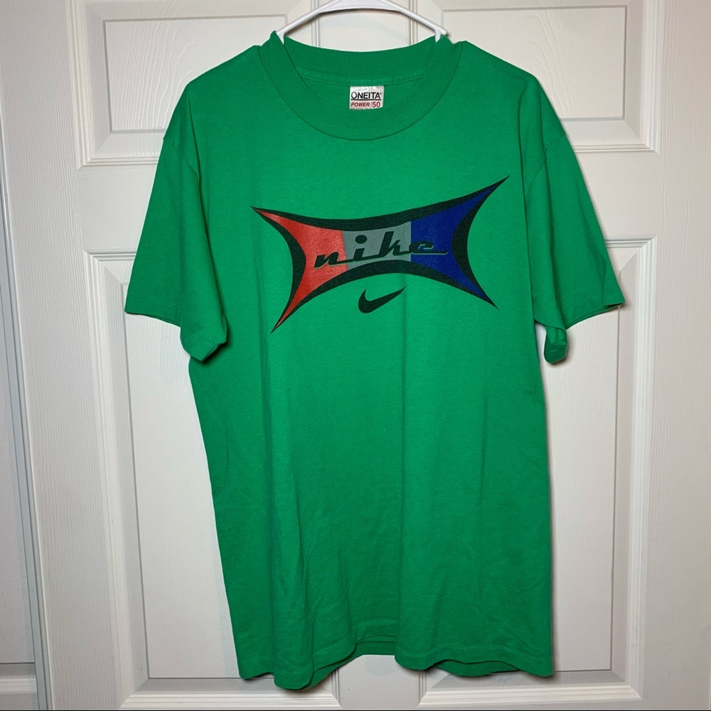 Vintage Oneita Power 50 Green Nike Print Shirt Single stitched size XL (46-48)